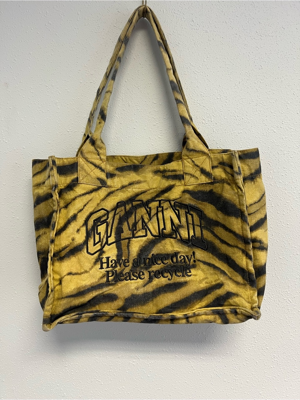Ganni Mustard and Black Tiger Stripe Canvas Tote